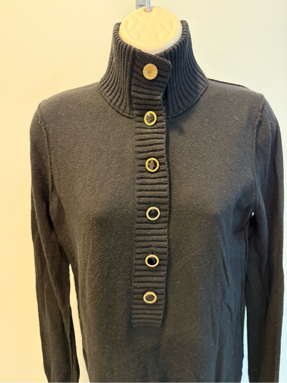 Tory Burch Black Ribbed Funnel Neck Sweater Gold Buttons Wool Blend Size M